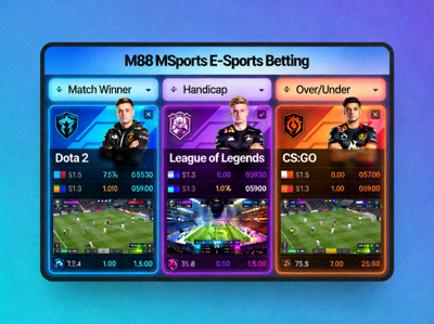 Antarmuka taruhan E-Sports M88 MSports untuk turnamen game populer seperti Dota 2, League of Legends, dan CS:GO