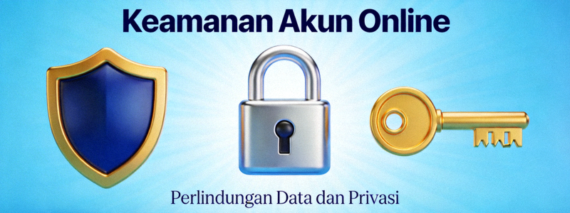 Ilustrasi tentang keamanan akun online dengan ikon gembok, perisai, dan kunci