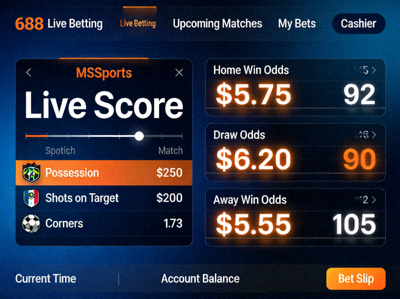 Tampilan layar Live Betting M88 MSports dengan statistik real-time dan odds yang berubah secara dinamis